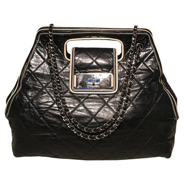 CHANEL Black Leather East West Mademoiselle Cut Out Handle Tote