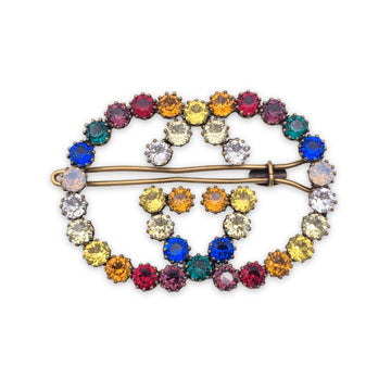 GUCCI Gold Metal Multicolor Crystals Gg Logo Hair Clip