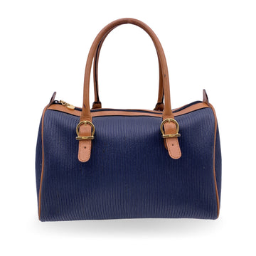 SALVATORE FERRAGAMO Vintage Blue Textured Canvas Boston Bag Handbag