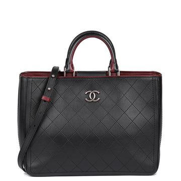Chanel Black Quilted Bullskin Leather & Burgundy Large Classic Shopping Tote Shopper