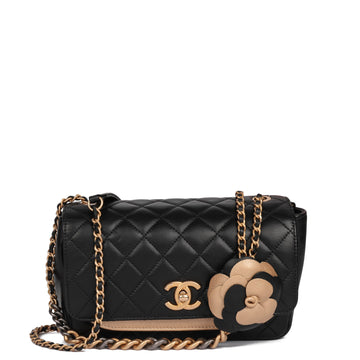 Chanel Black Quilted Lambskin & Gold Metallic Lambskin Camellia Mini Flap Bag with Pearl Wallet Shoulder Bag