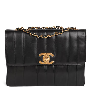Chanel Black Vertical Quilted Lambskin Vintage Maxi Jumbo XL Classic Single Flap Bag