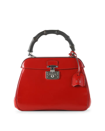 GUCCI Red Leather Lady Lock Bamboo Top Handle Bag