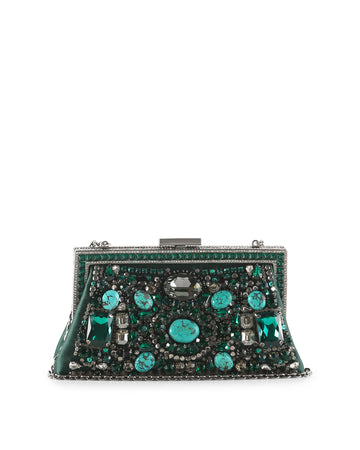 VALENTINO Green Satin Evening Clutch With Large Stones And Crystals