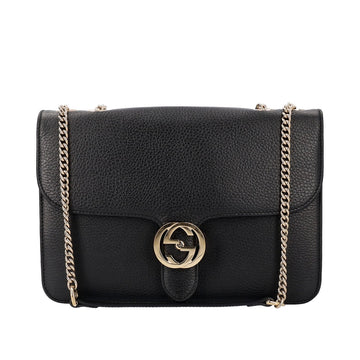 GUCCI Leather Dollar Interlocking G Shoulder Bag Black