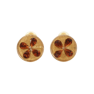 Chanel 2001 Made Rhinestone Clover Cc Mark Earrings Gold/Brown