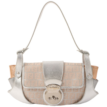 Fendi Logo Plate Ff Zucchino Pattern Shoulder Bag Silcer/Beige