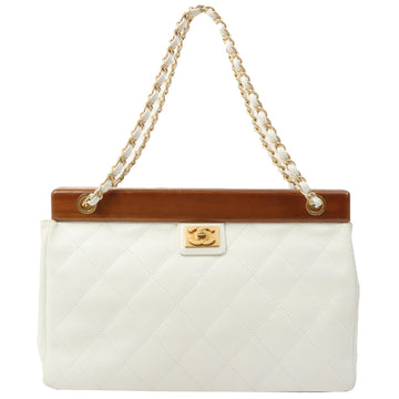 Chanel 2003 Made Caviar Skin Wood Metal Clasp Cc Mark Plate Shoulder Bag White/Brown