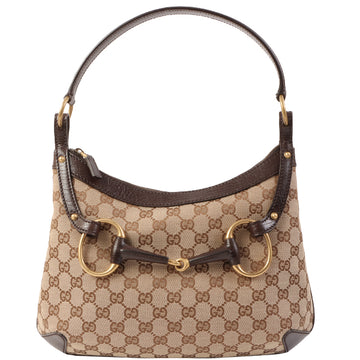 Gucci Canvas Gg Pattern Horse Bit Plate Shoulder Bag Brown