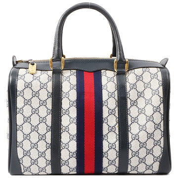 Gucci Canvas Gg Pattern Web Detailed Boston Bag Navy