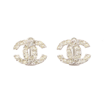 Chanel 2005 Made Rhinestone Cc Mark Earrings Silver