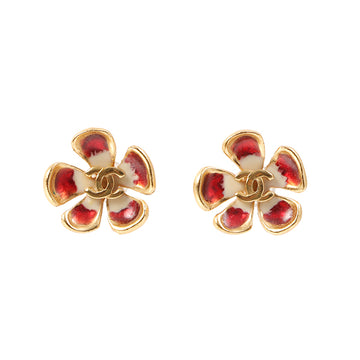 Chanel 2003 Made Flower Motif Cc Mark Pierced Earrings Red