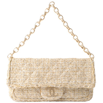 Chanel Around 2007 Made Tweed Cc Mark Plate Chain Shoulder Bag Beige/Silver/Gold