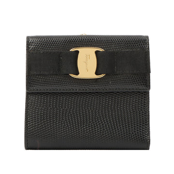 Salvatore Ferragamo Lizard Pattern Metal Clasp Vara Plate Wallet Black