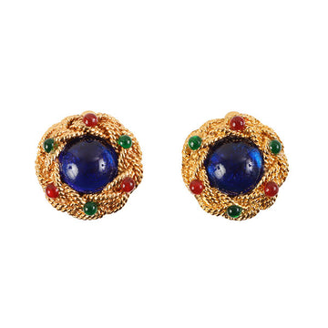 CHANEL Gripoix Round Earrings Blue/Green/Red