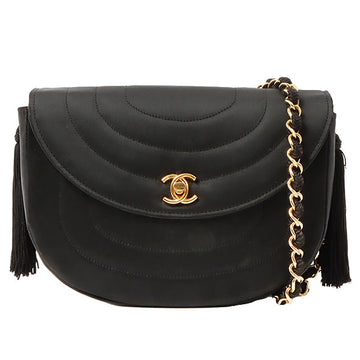 Chanel Silk Satin Round Flap Turn-Lock Fringe Chain Bag Black