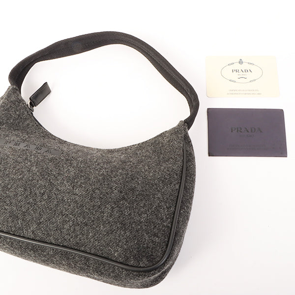 Prada Wool Logo Embossed Shoulder Bag Black Dark Grey