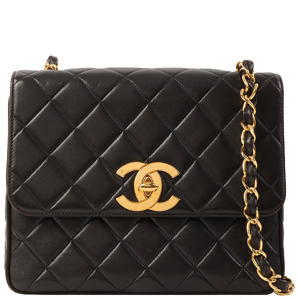 Chanel Black Patent Quilted Large CC Logo Square Flap Bag - shop -