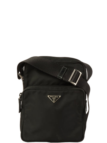 PRADA Nylon Logo Plate Shoulder Bag Black