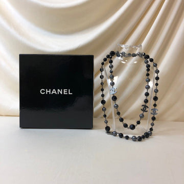 Chanel Silver Black Grey Bead Long Necklace Sku# 63854