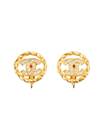 CHANEL Rhinestone Round Cut-Out Cc Mark Earrings