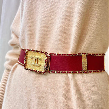 CHANEL 1991 Made CC Mark Plate Chain Belt Red