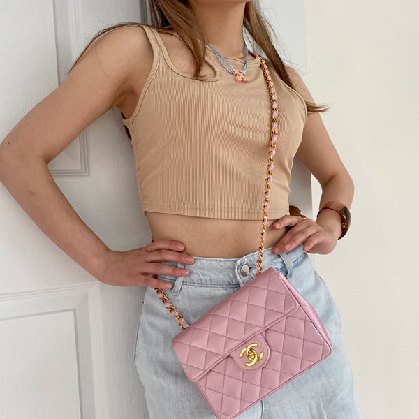 Chanel Around 1997 Made Silk Stain Classic Flap Chain Bag Mini Pink