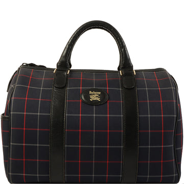 BURBERRY Plaid Pattern Logo Embossed Boston Bag Navy