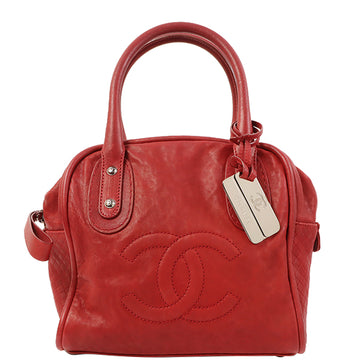 CHANEL Around 2007 Made Cc Mark Stitch Logo Plate Charm Handle Bag Red