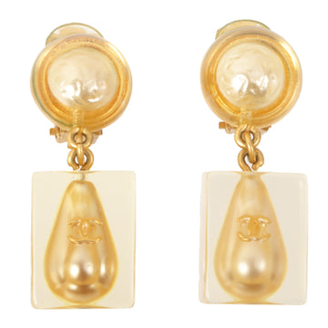 CHANEL 1997 Made Pearl Cube CC Mark Swing Earrings Clear/Gold