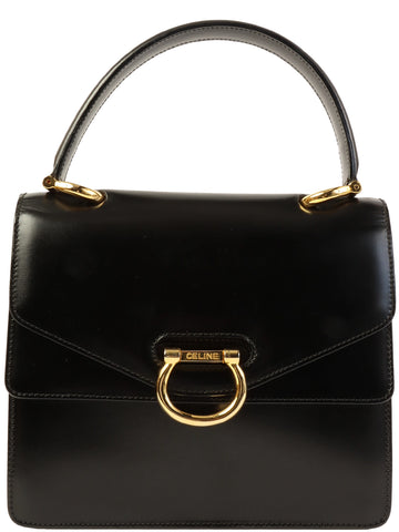 CELINE Double Flap Knocker Logo Plate Top Handle Bag Black