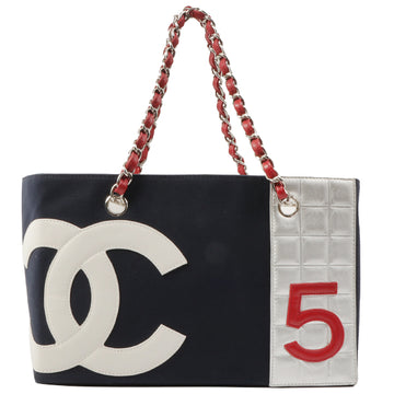 Chanel Around 2002 Made Cotton Cc Mark Stitch Chain Tote Bag Navy/Multi