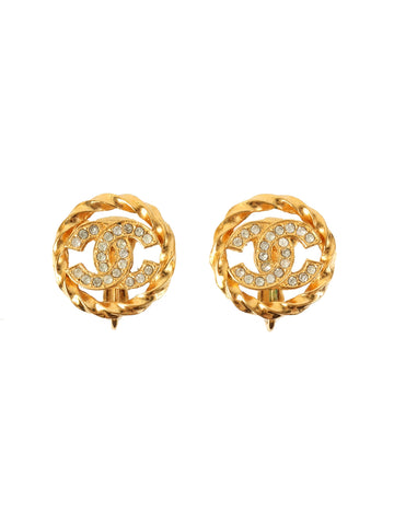 CHANEL Rhinestone Round Cut-Out Cc Mark Earrings