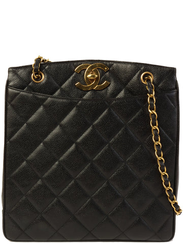 CHANEL Around 1995 Made Caviar Skin Turn-Lock Chain Tote Bag Black