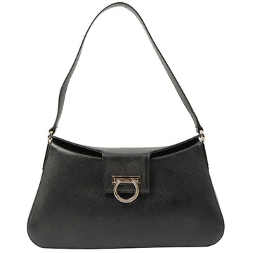 Salvatore Ferragamo Saffiano Gancini Plate Shoulder Bag Black