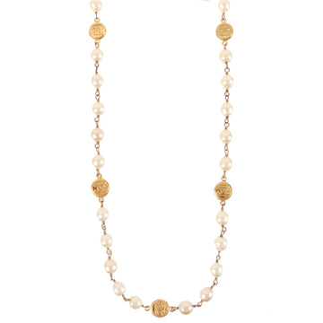 CHANEL Round Cc Mark Plate Pearl Long Necklace