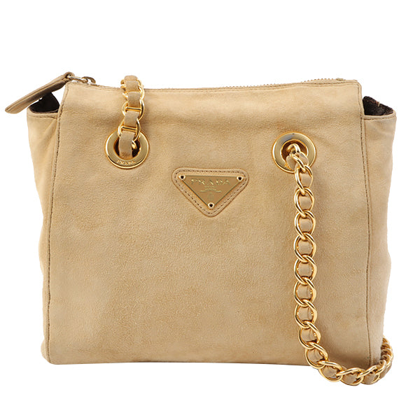 Prada Suede Logo Plate Chain Bag Beige