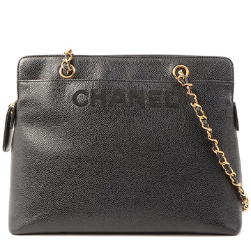 Chanel Around 1998 Made Caviar Skin Logo Embroidered Chain Shoulder Bag Black