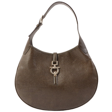 Salvatore Ferragamo Lizard Pattern Gancini Plate One Shoulder Bag Khaki