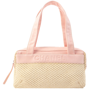 Chanel Around 2005 Made Cotton Leather Combination Logo Embossed Top Handle Bag Beige/Pink