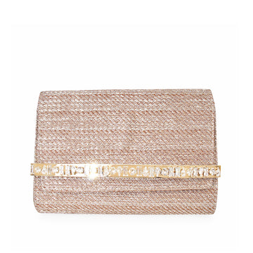 JIMMY CHOO Raffia Crystal Clutch Champagne