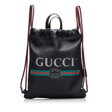 GUCCI Logo Drawstring Leather Backpack
