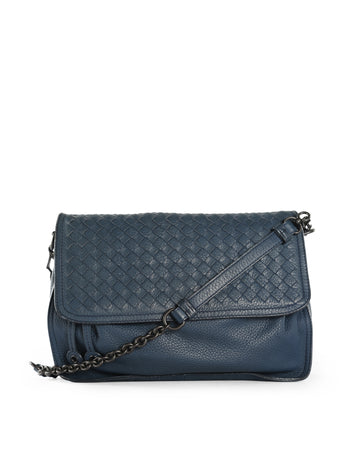 BOTTEGA VENETA Navy Blue Intrecciato Leather Flap Crossbody Bag