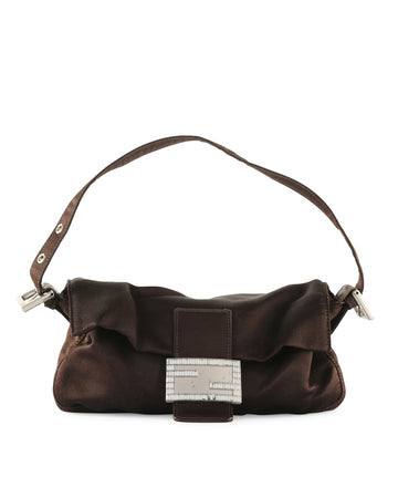 FENDI Brown Satin With Crystal Logo Buckle Baguette Shoulder Bag