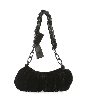 PRADA Black Cinched Velvet With Braided Leather/Velvet Handle Hobo Bag