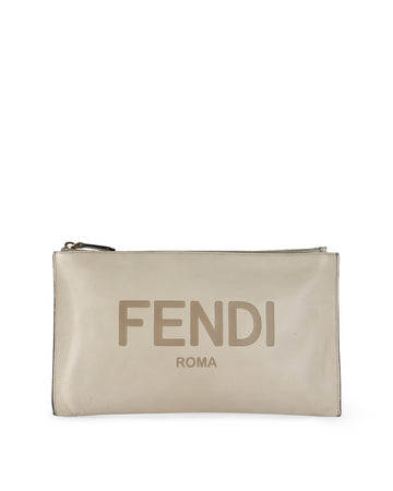 FENDI Beige Debossed Calfskin Leather Logo Clutch