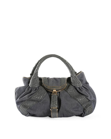 FENDI Blue Denim & Lattice Woven Leather Handles Spy Bag