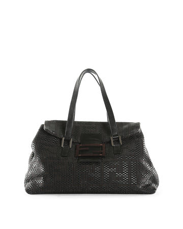 FENDI Black/Brown Woven Canvas & Leather Large Forever Tote Bag