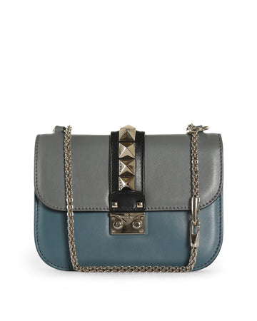 VALENTINO Garavani Blue & Grey Calfskin Leather Small Glam Lock Rockstud Shoulder Bag