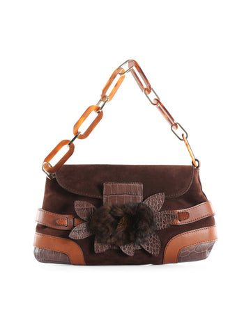 VALENTINO Garavani Brown Suede/Leather Chain-Link Shoulder Bag